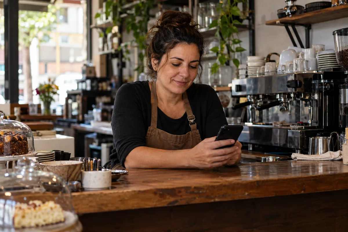 Dueña de una cafetería mira el celular detrás del mostrador, con la máquina de café al fondo