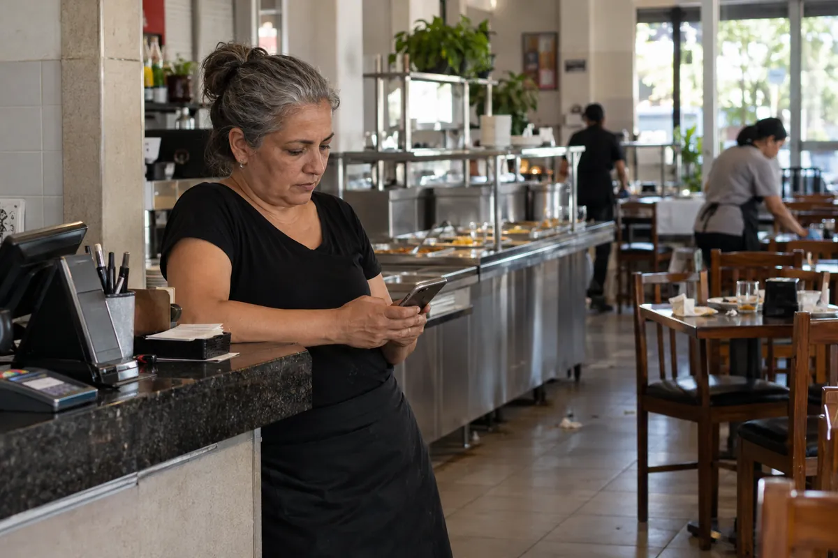 Restaurant owner checks bookings on his phone next to the till, with the dining room behind