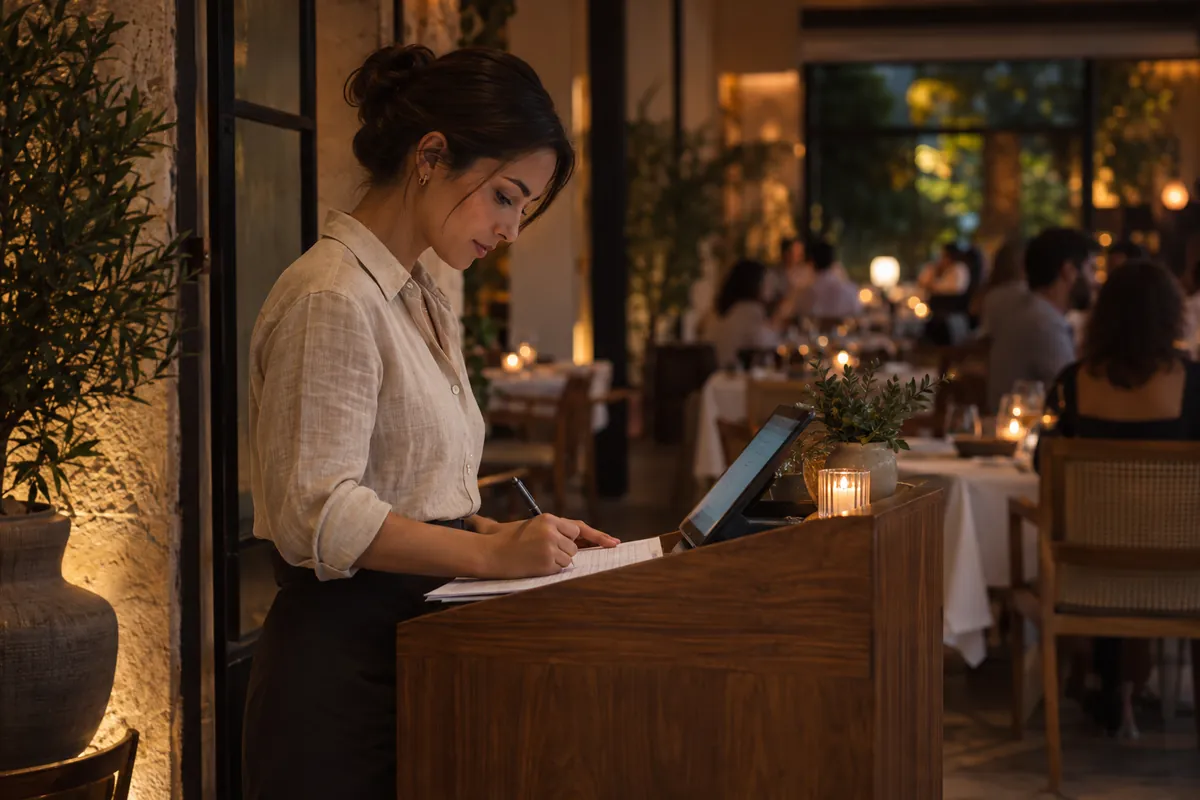 Restaurant host crosses a name off the booking list at the entrance stand, with the set dining room behind
