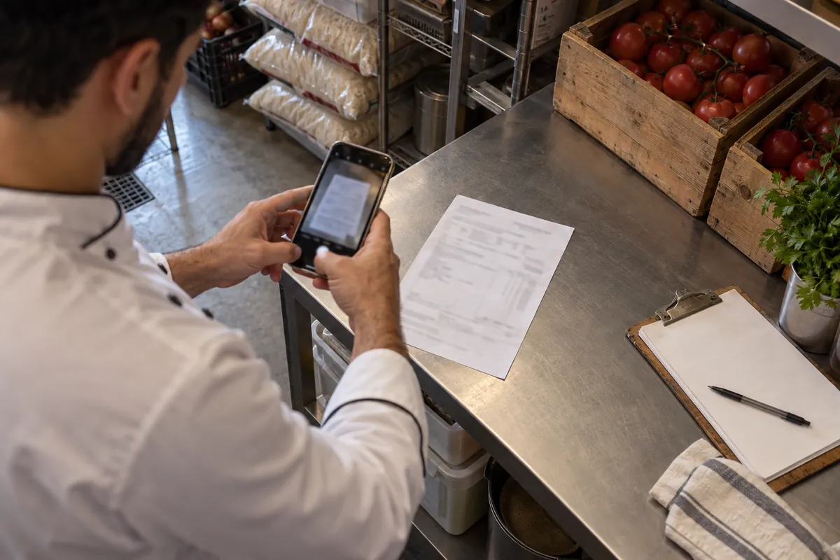 A cook’s hands photograph a supplier invoice with a phone on the steel counter of the pantry