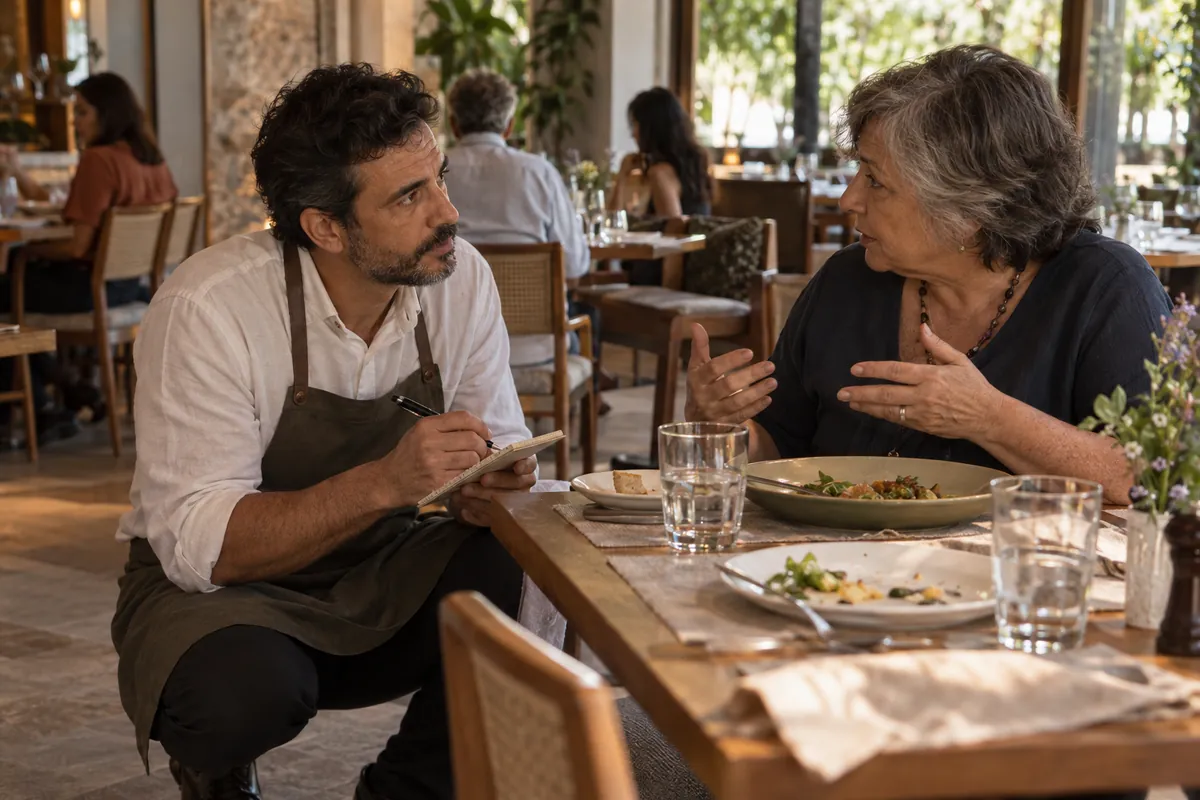A waiter crouches by the table and notes down what a customer explains about a dietary restriction