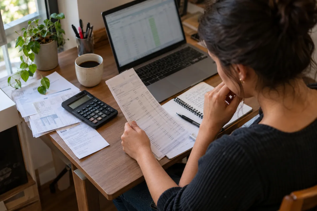 Printed bank statement, laptop with a spreadsheet and a calculator on an office desk