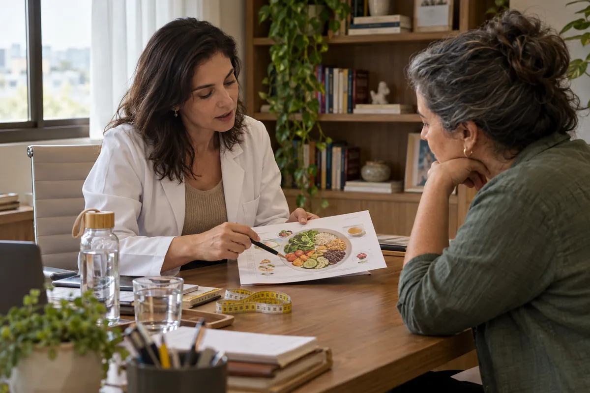 Nutricionista conversa com uma paciente à mesa do consultório, mostrando um papel impresso