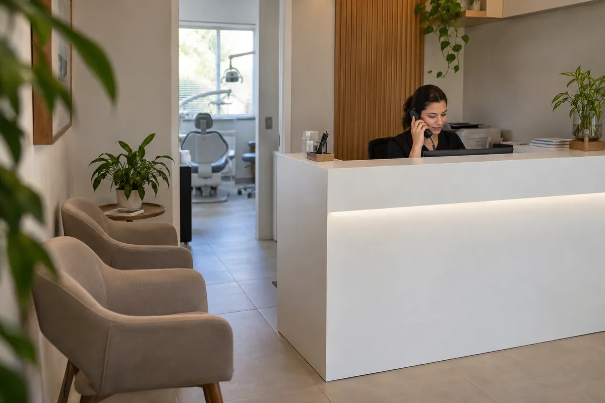 Recepción de una clínica odontológica con la recepcionista al teléfono