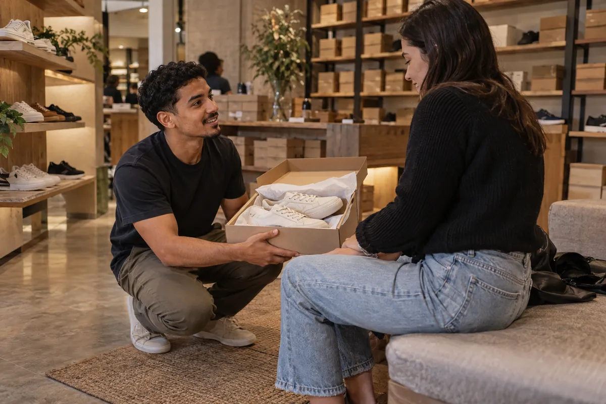 A kneeling salesman hands an open shoebox to a customer on the fitting bench of a shoe shop