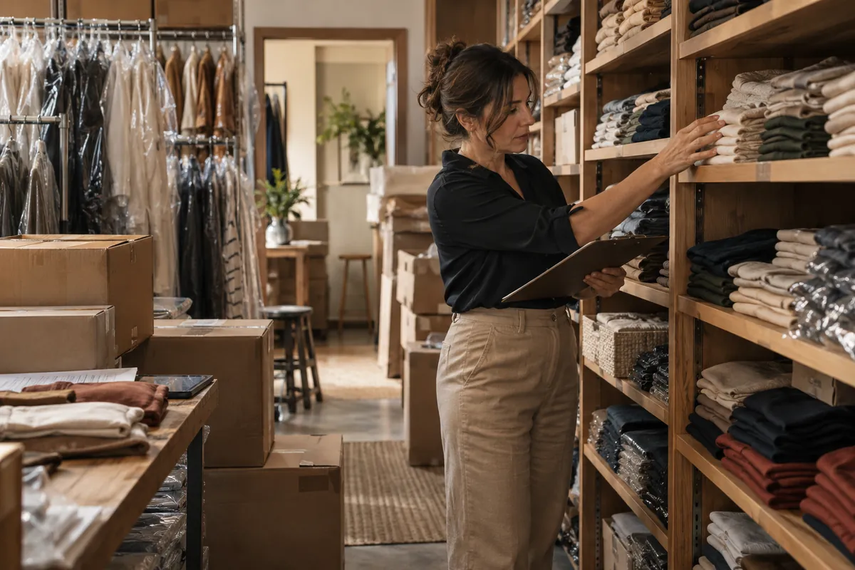 A clothing shop owner counts folded items in the back stockroom and notes them on a clipboard