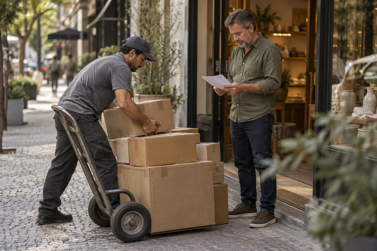 At the door of a street shop, the owner checks the supplier invoice while the courier unloads boxes