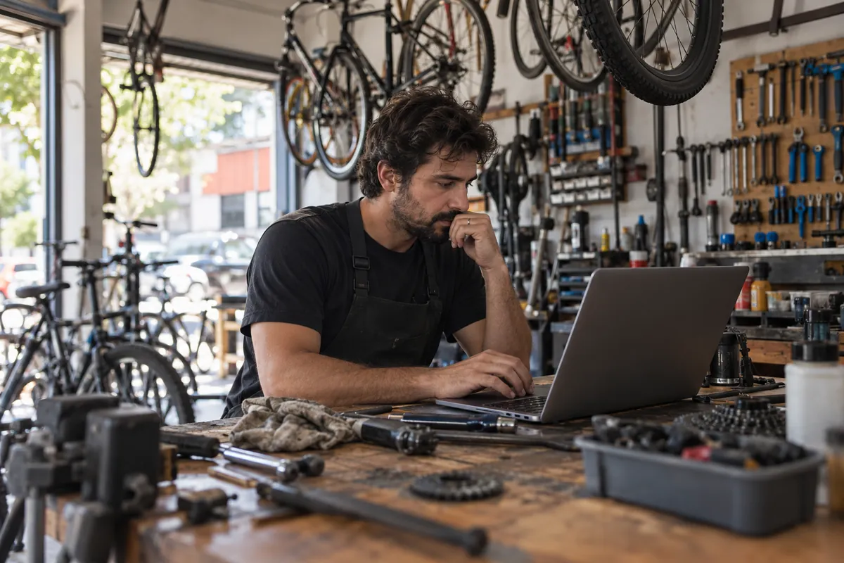 Bicycle shop owner works on a laptop at the workshop bench