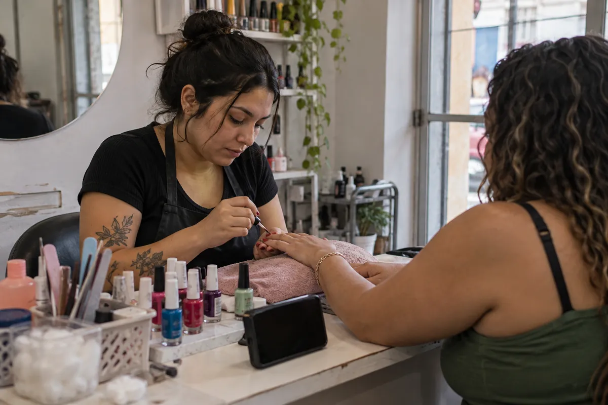 Peluquera revisa la agenda en el celular entre una clienta y otra, con el puesto del salón al fondo