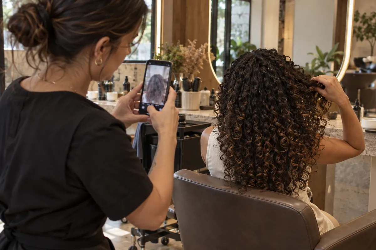 Una peluquera fotografía con el celular el cabello rizado terminado de una clienta sentada de espaldas