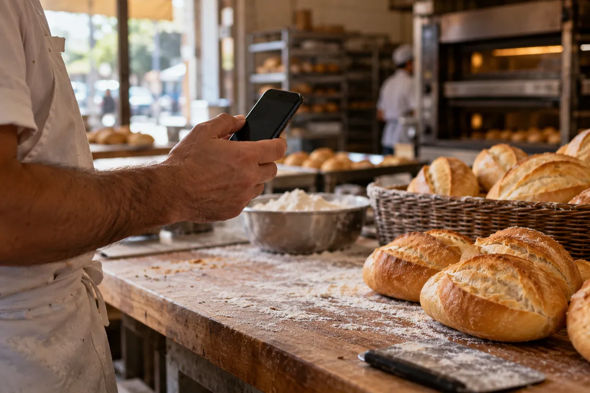 Una mano sostiene un celular sobre el mostrador de madera de una panadería, con panes al fondo