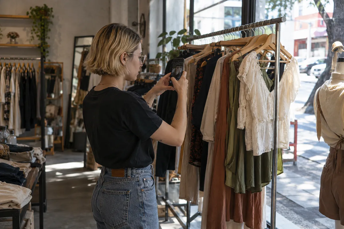 A saleswoman photographs clothes on a rack to post on Instagram