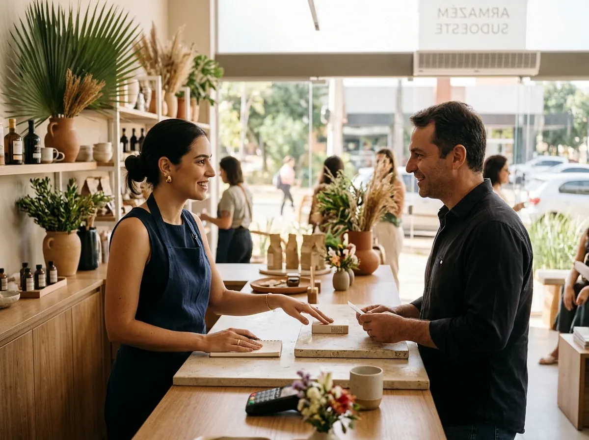 Dueña de una tienda atendiendo a un cliente en el mostrador de madera, con luz natural