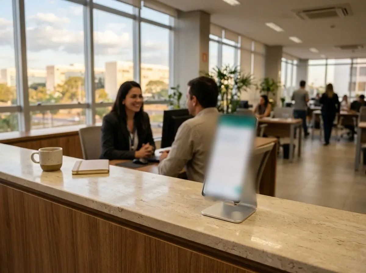 Recepción con un celular en un soporte sobre el mostrador de piedra