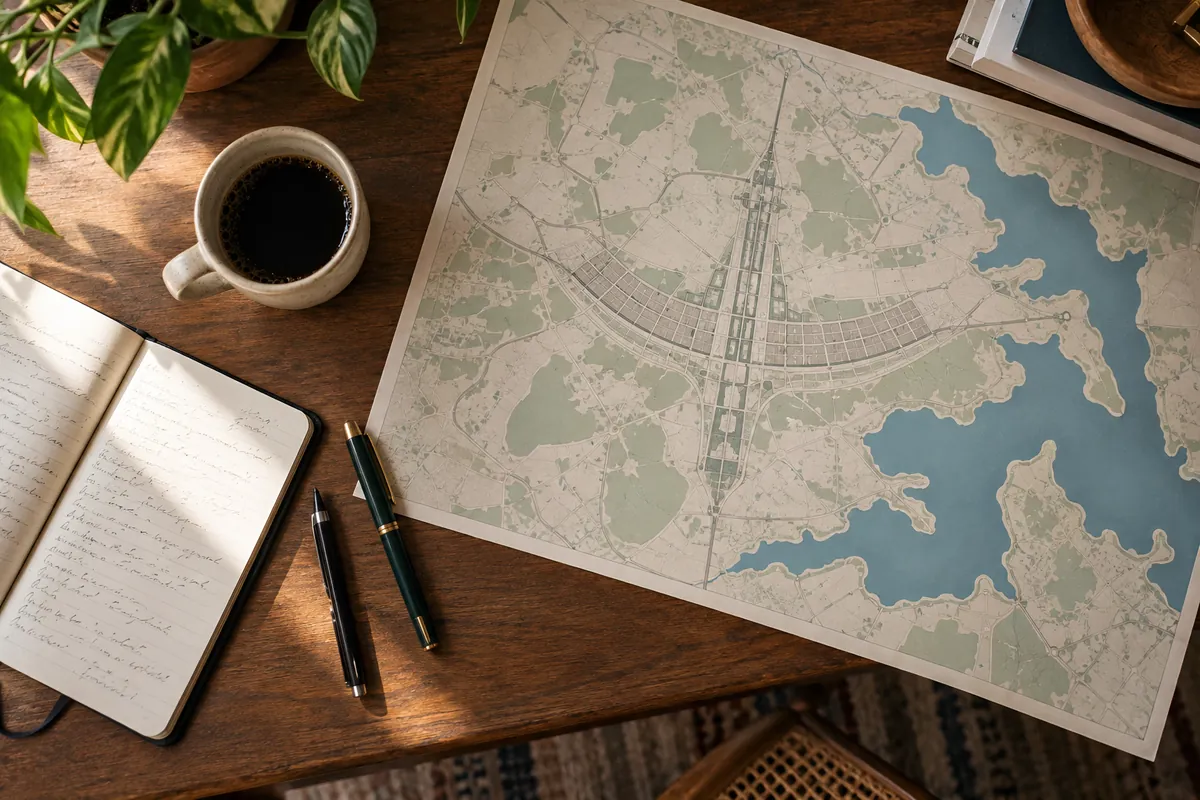 Mesa vista desde arriba con un cuaderno de notas y un mapa impreso del Plano Piloto de Brasilia