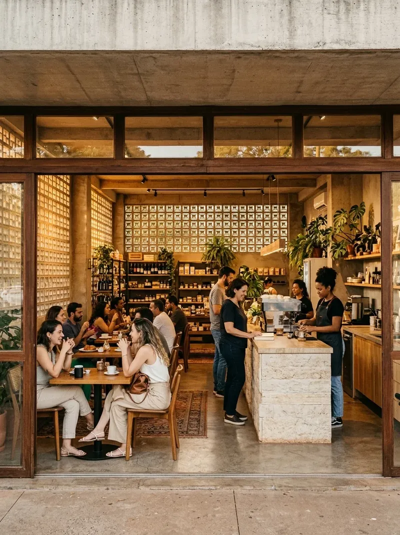 Café con mesas bajo los pilotes de concreto de una cuadra comercial de Brasilia