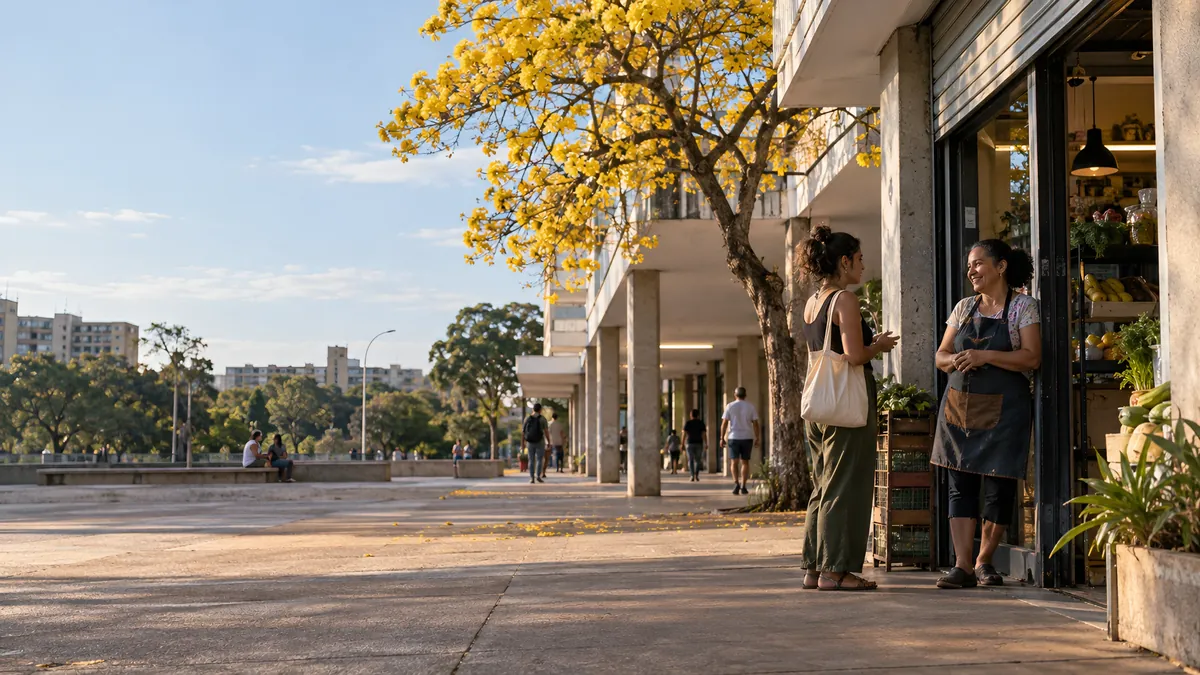 Comercio local de una supercuadra de Brasilia al final de la tarde, con un ipê amarillo en flor