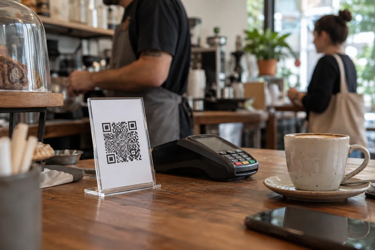Placa con código QR sobre el mostrador de una cafetería, junto al terminal de pago