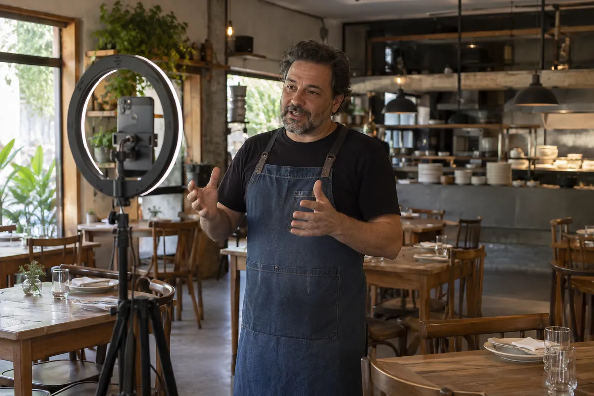 A restaurant owner records a video on a phone with a ring light in the empty dining room