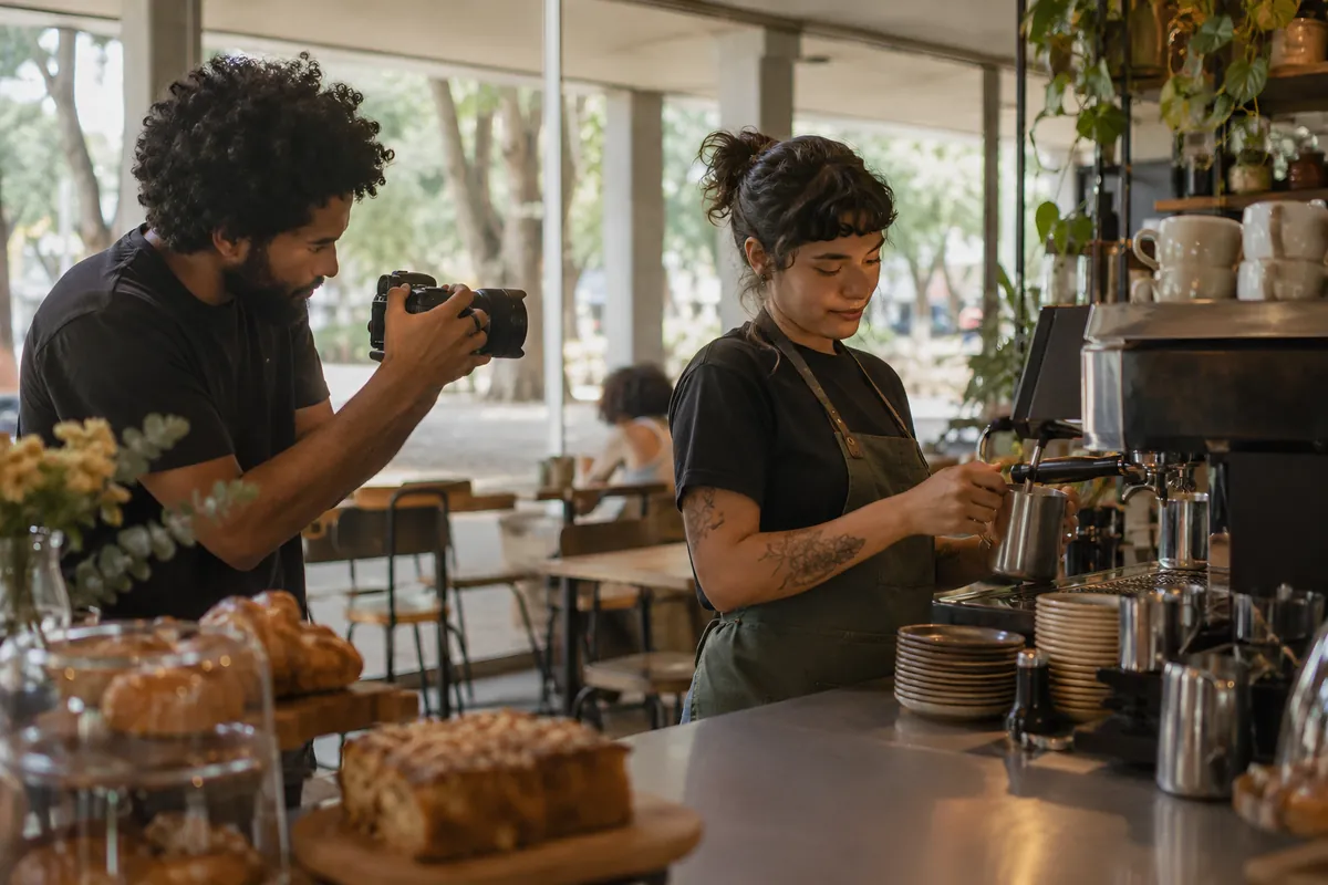 Un equipo pequeño graba un video corto mientras la barista prepara un café