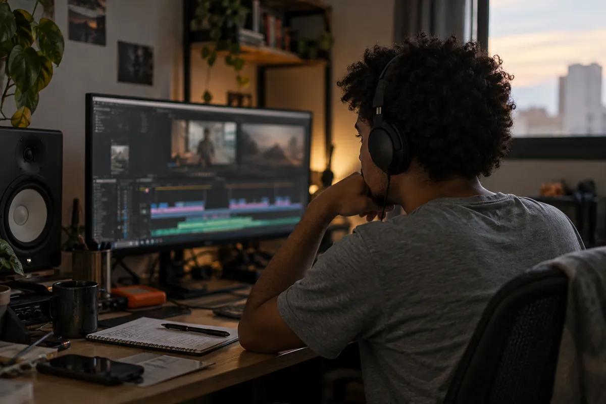 A video editor wearing headphones in a small studio, in front of a monitor