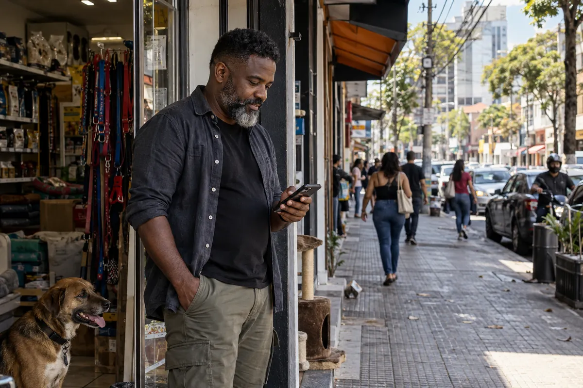 La dueña de una tienda de mascotas mira el celular en la puerta, con la calle comercial al fondo