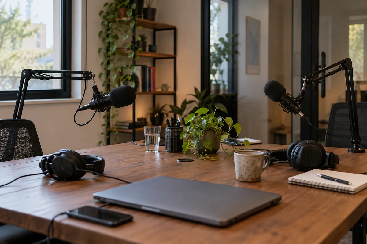 Dois microfones de podcast sobre uma mesa de madeira numa sala de reunião pequena