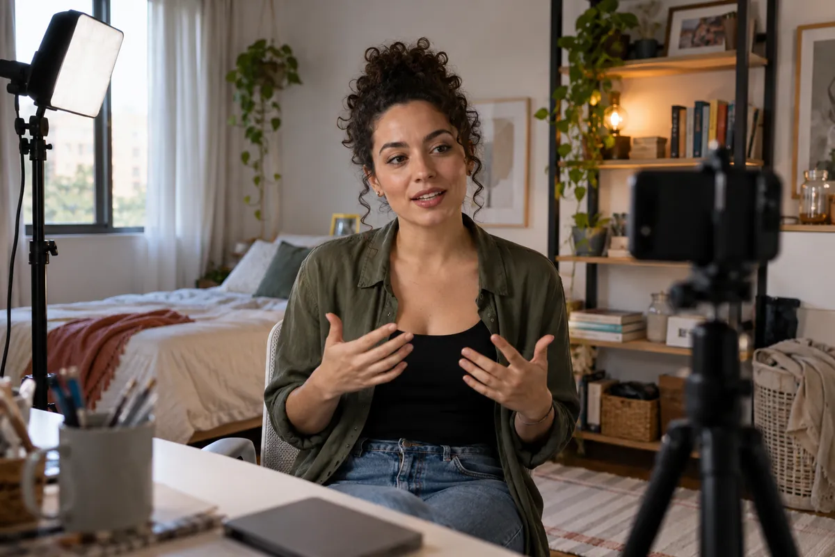 A content creator records a video on her phone in a bedroom set up as a home studio