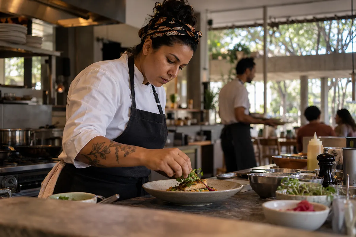 Chef termina un plato en el mostrador de piedra de una cocina abierta