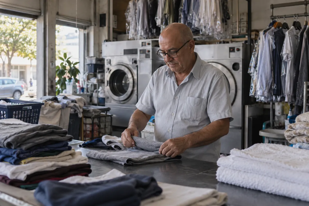 Dona de uma lavanderia de bairro dobra roupas no balcão, com máquinas ao fundo