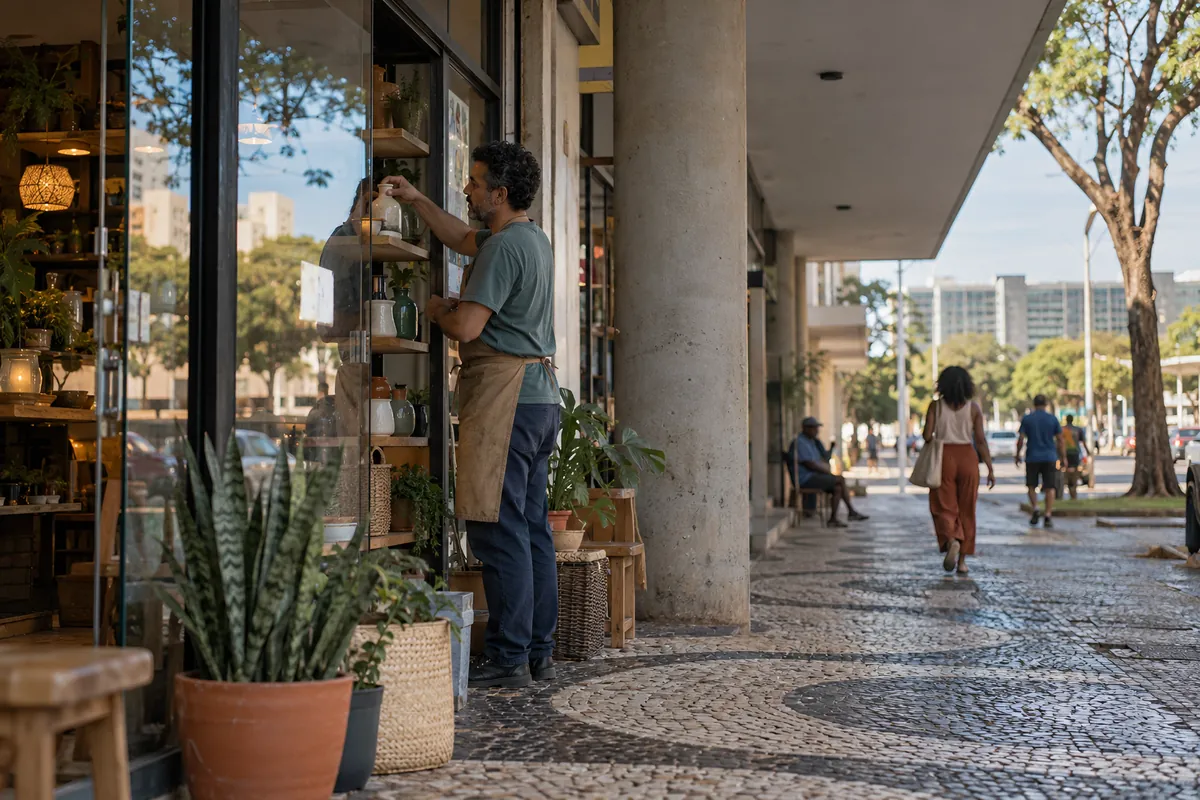 El dueño de una tienda de calle arregla la vitrina por la mañana, bajo los pilotes
