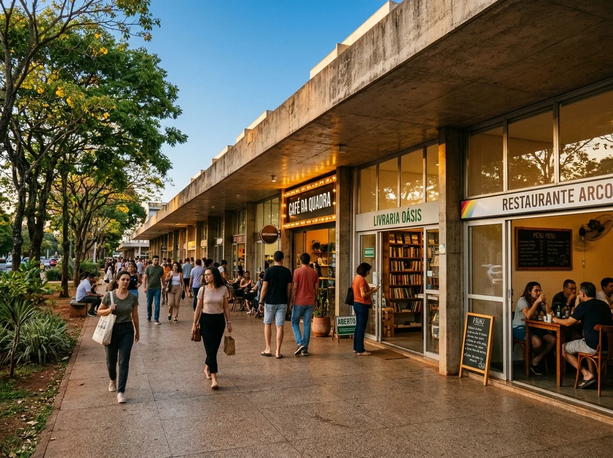 Sequência de lojas sob marquises e pedestres no comércio de quadra de Brasília